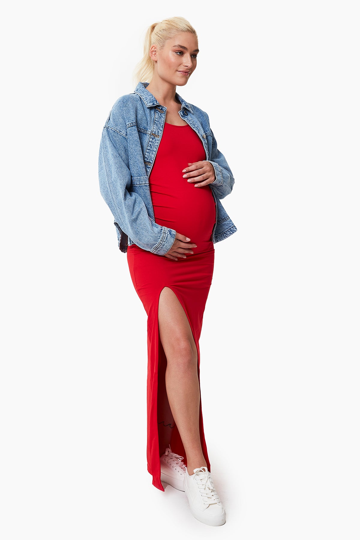 Alessi derin yırtmaçlı hamile elbise kırmızı önden görünüm