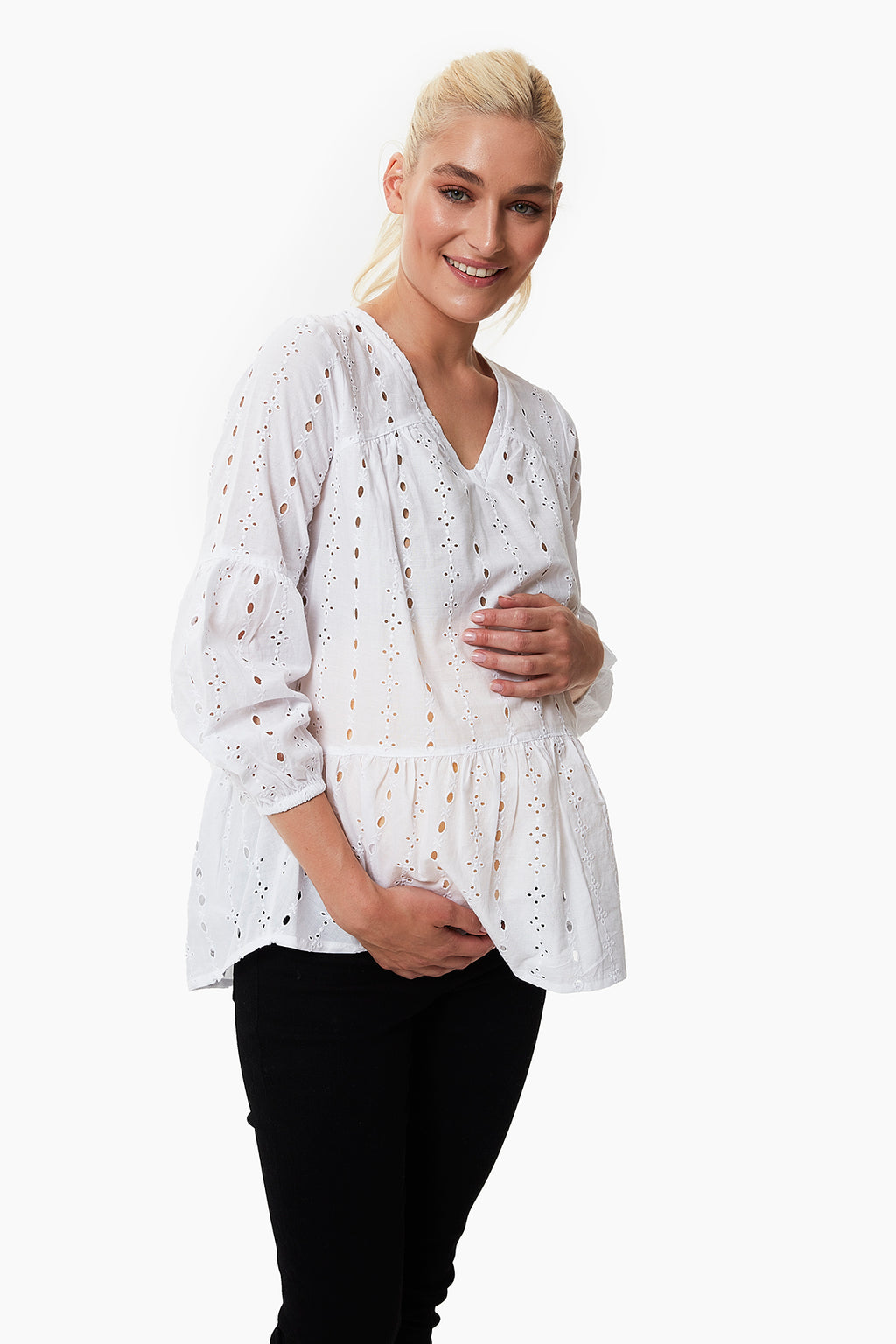 Violet Dantel Detaylı Hamile Bluz beyaz önden görünüm