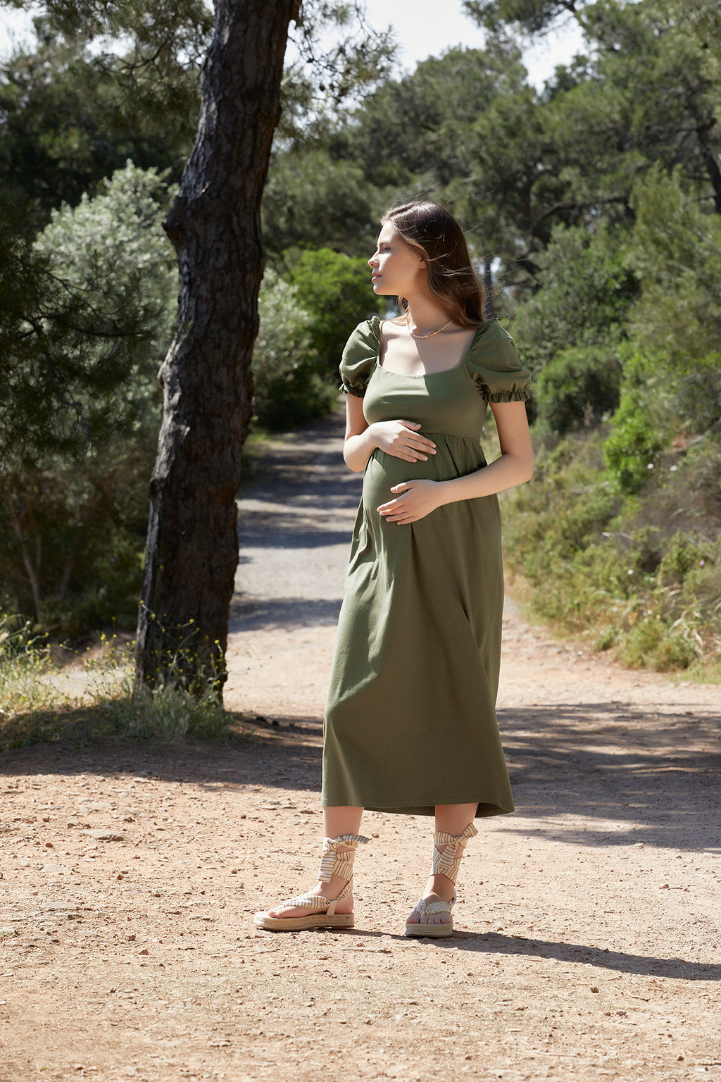 Asya balon kollu hamile elbise haki önden görünüm