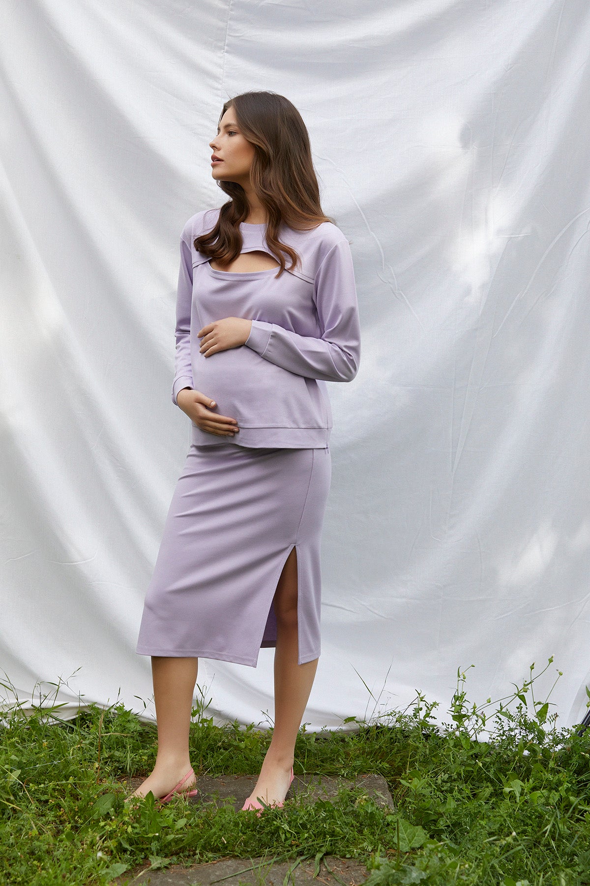Keep-May Pencereli Sweat - Etek Hamile Takımı Lila önden görünüm