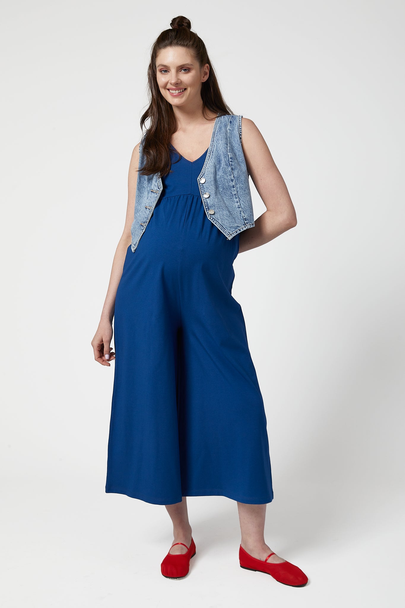 Cheria Kısa Kollu Hamile Tulum Mavi önden görünüm