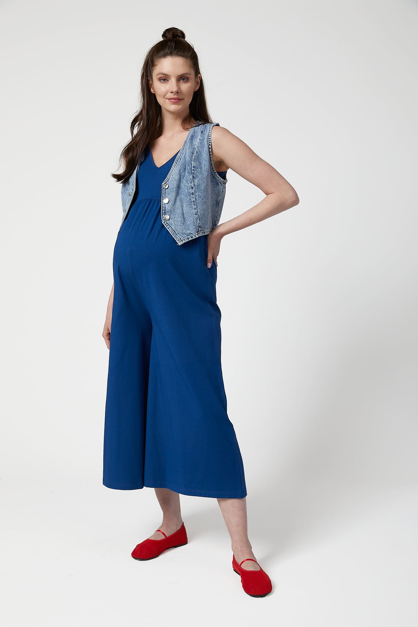 Cheria Kısa Kollu Hamile Tulum Mavi önden görünüm