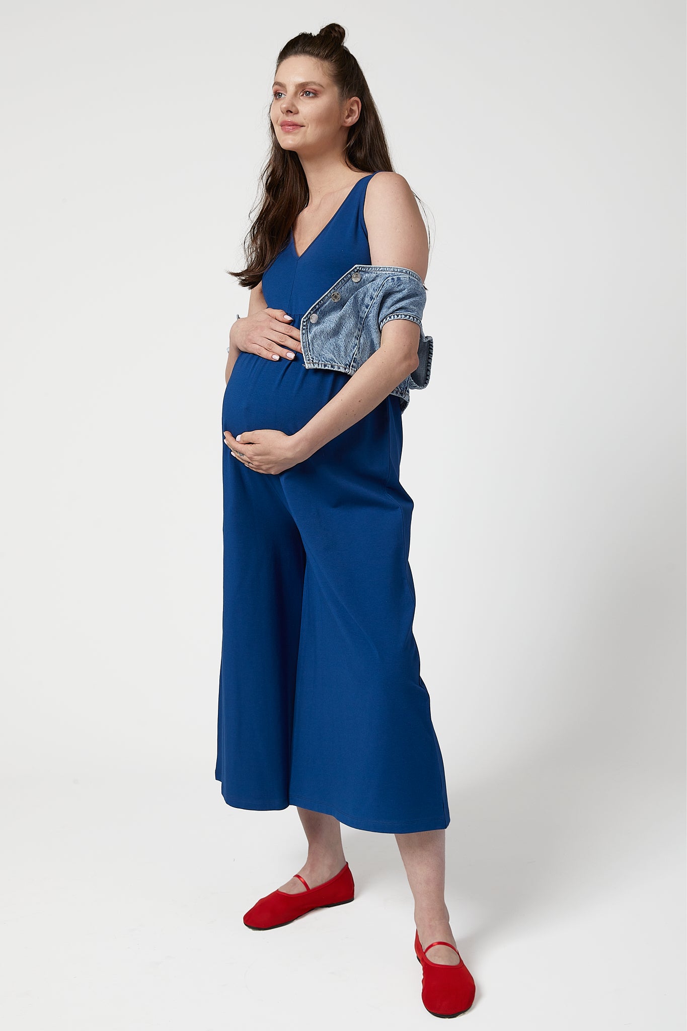 Cheria Kısa Kollu Hamile Tulum Mavi önden görünüm