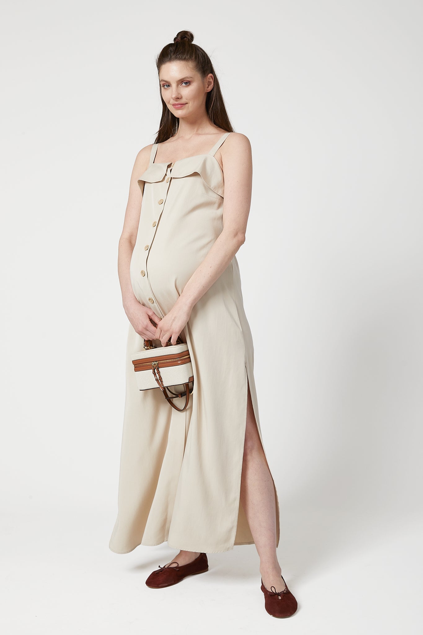 Keira Exclusive Gömlek Hamile Elbise Bej önden görünüm