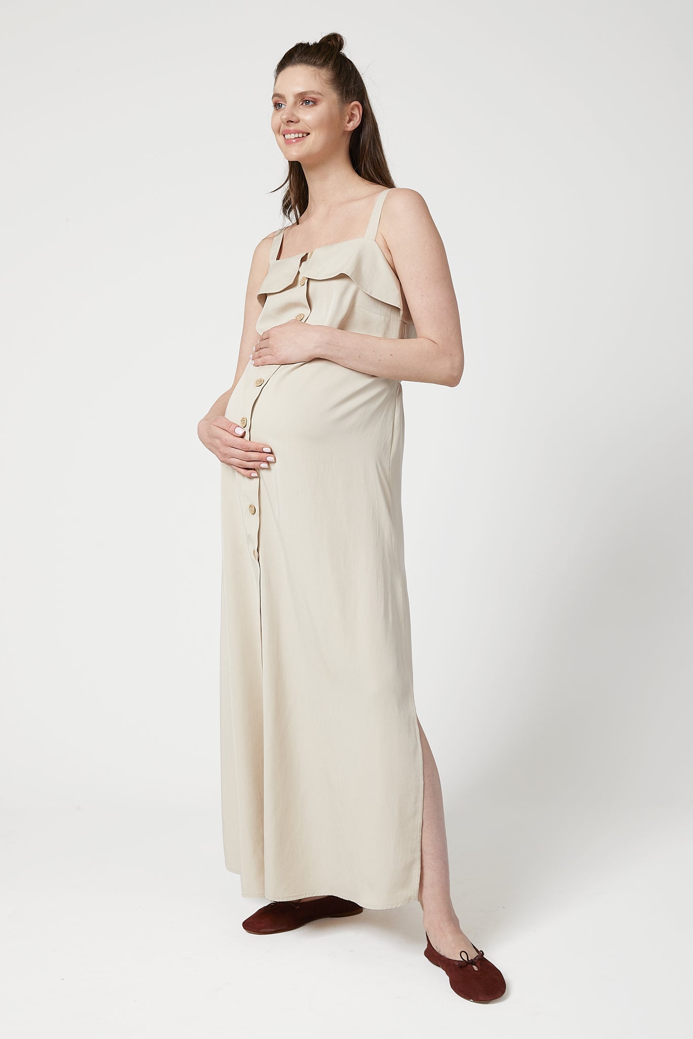 Keira Exclusive Gömlek Hamile Elbise Bej önden görünüm