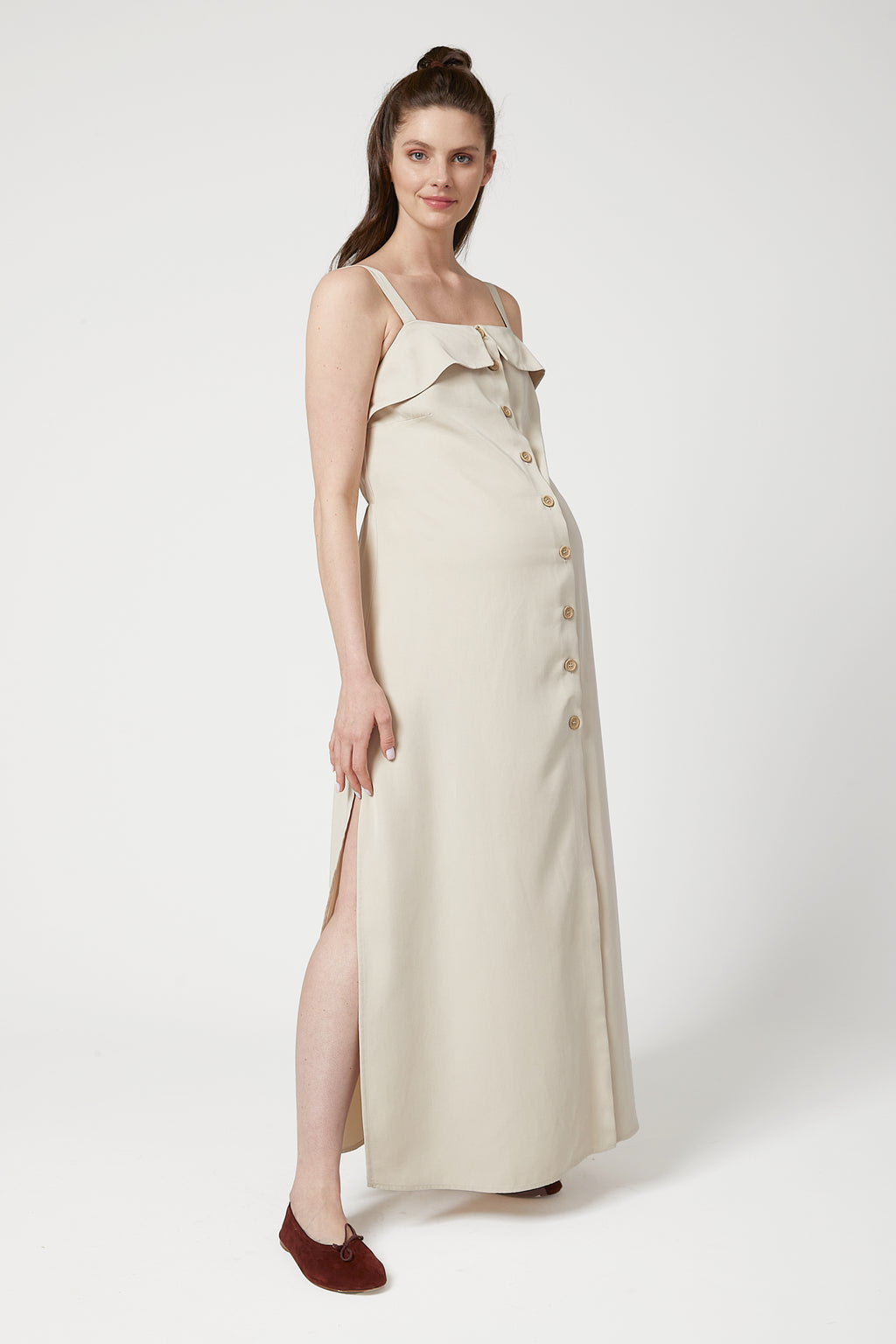 Keira Exclusive Gömlek Hamile Elbise Bej önden görünüm