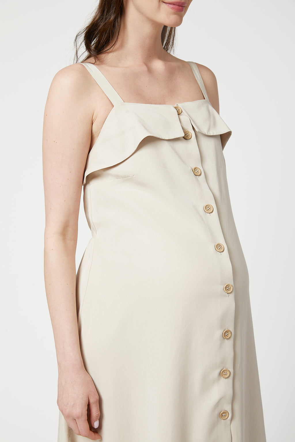 Keira Exclusive Gömlek Hamile Elbise Bej yakın detay çekim