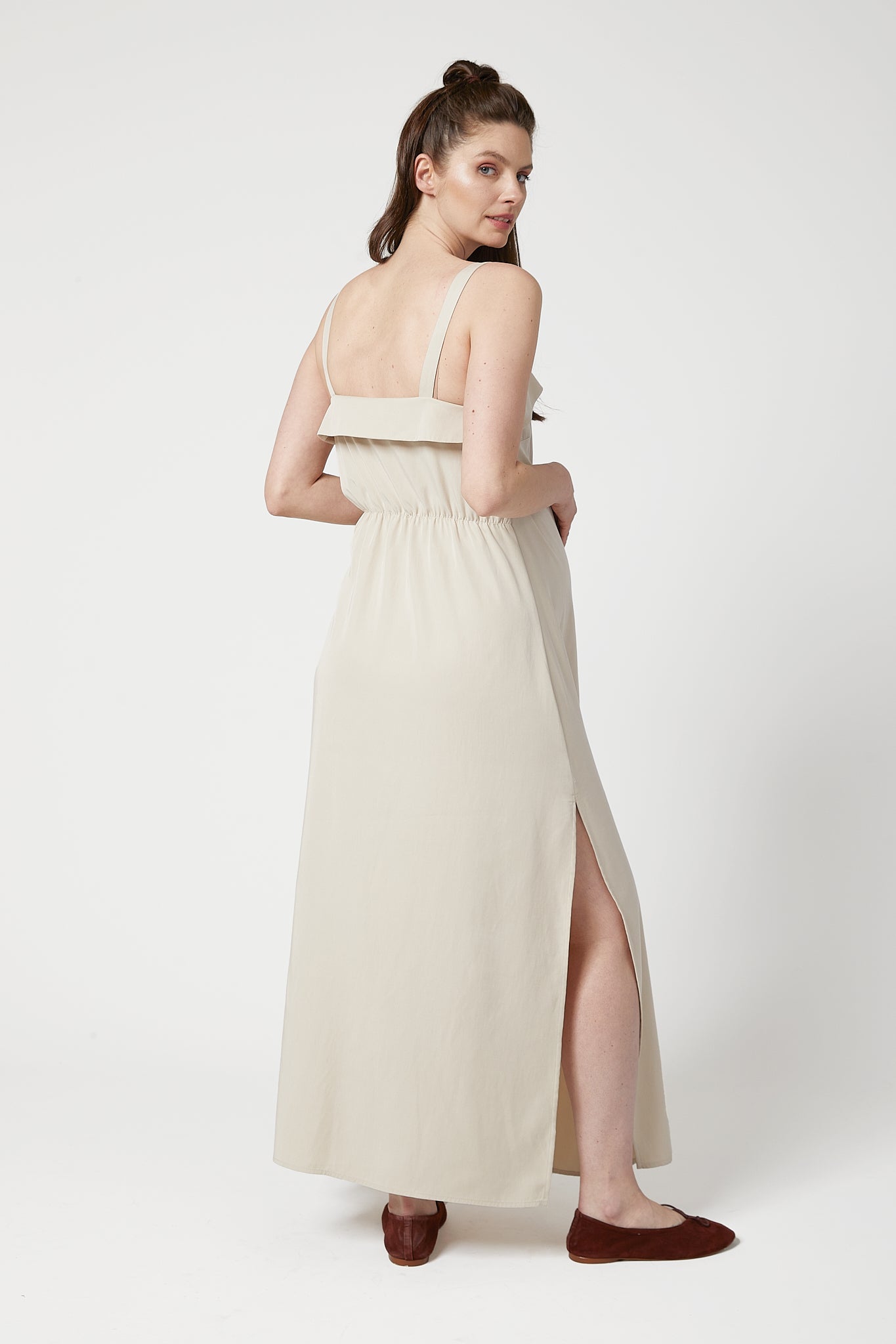 Keira Exclusive Gömlek Hamile Elbise Bej arkadan görünüm