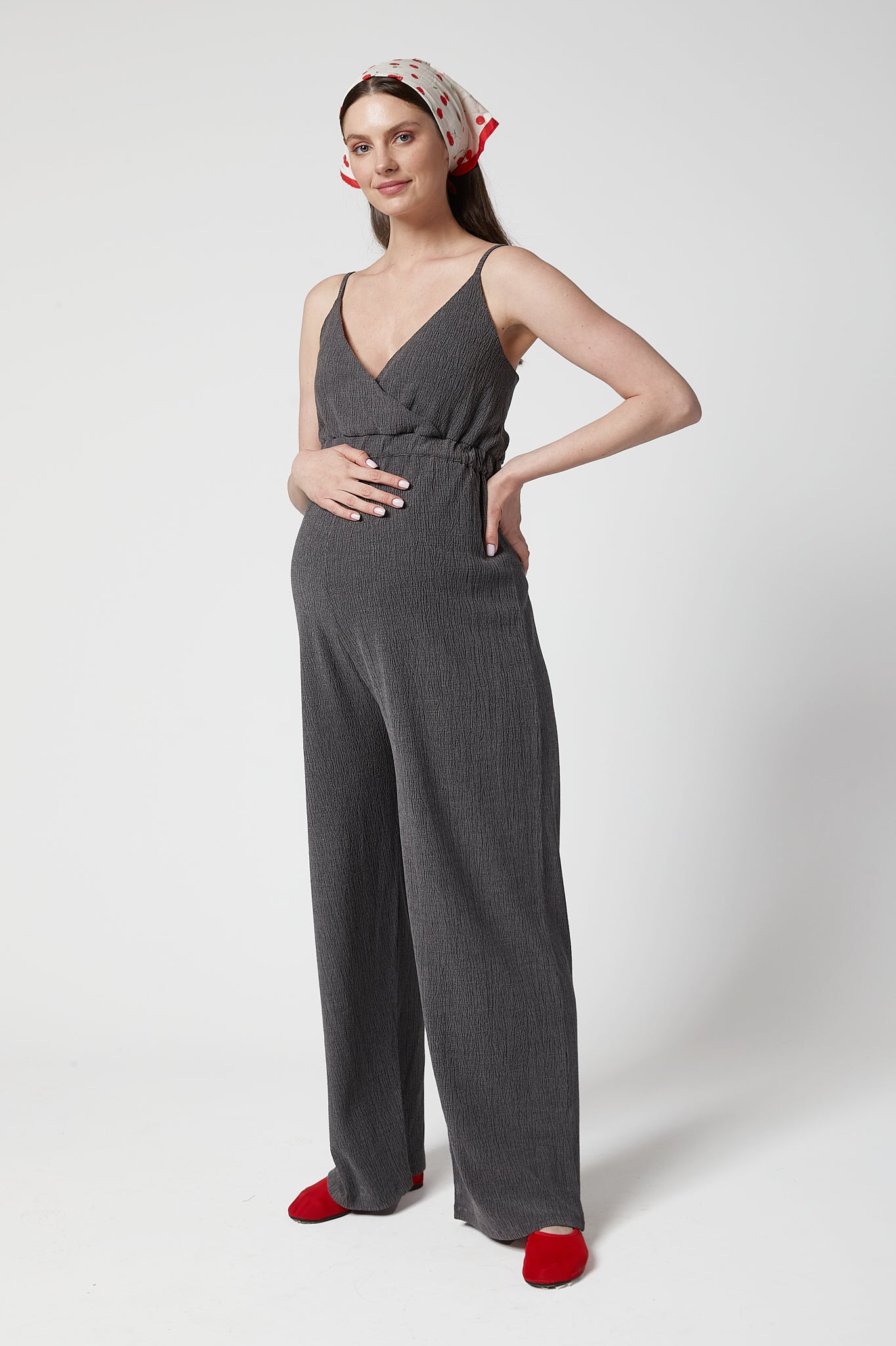 Kylie Kısa Kollu Anvelop Hamile Tulum Gri önden görünüm