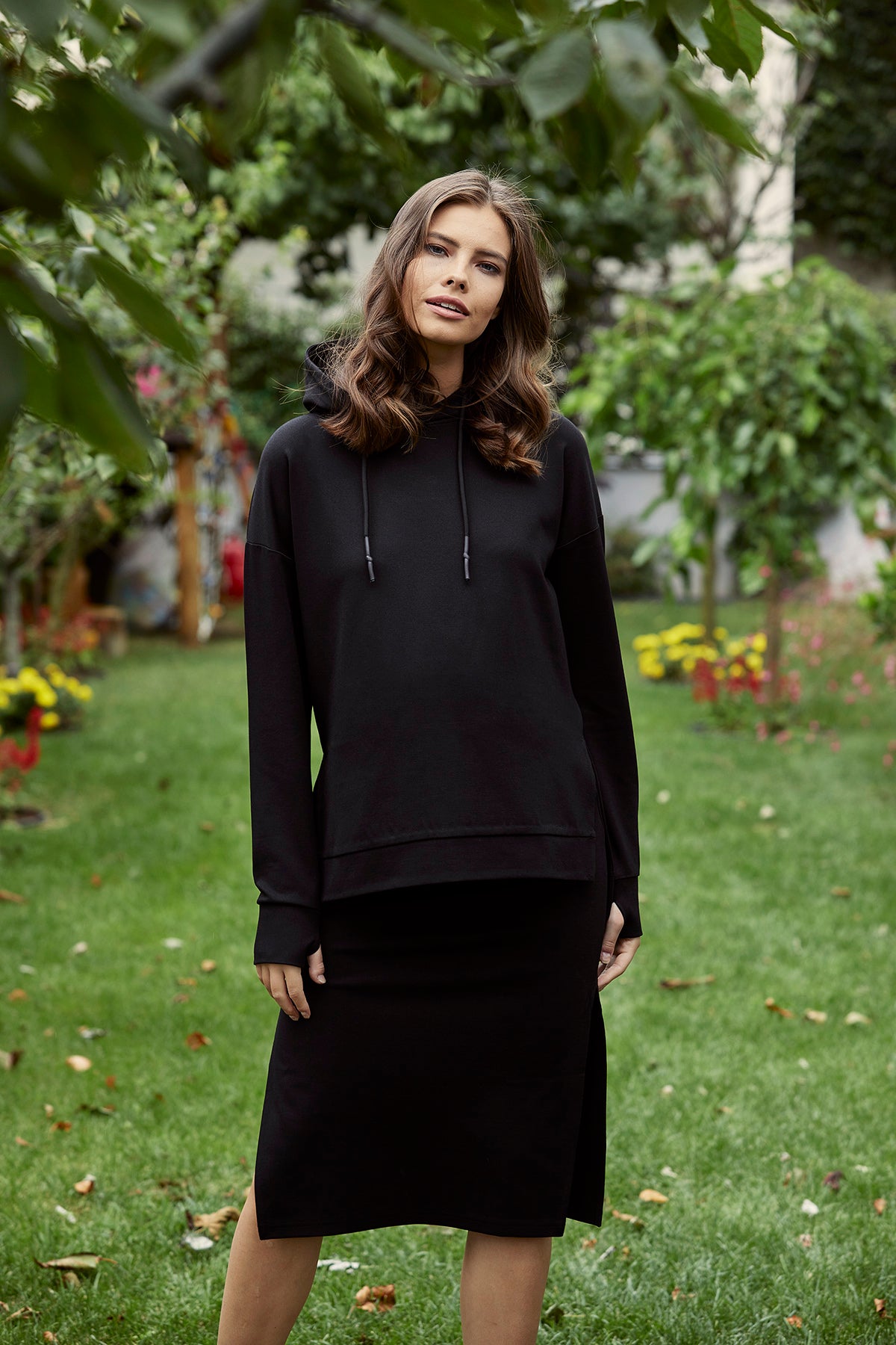 Siyah Kapüşonlu Sweat - Etek Hamile Takımı önden görünüm