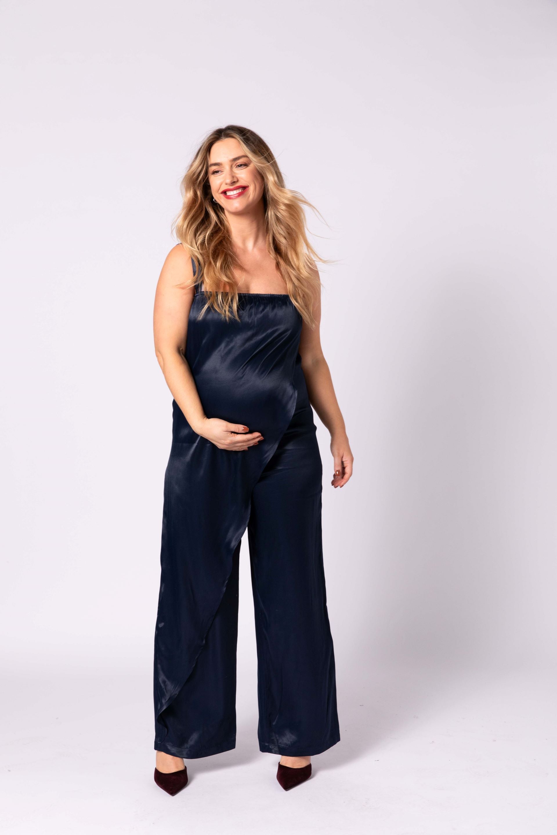 Alice exclusive saten hamile tulum lacivert önden görünüm