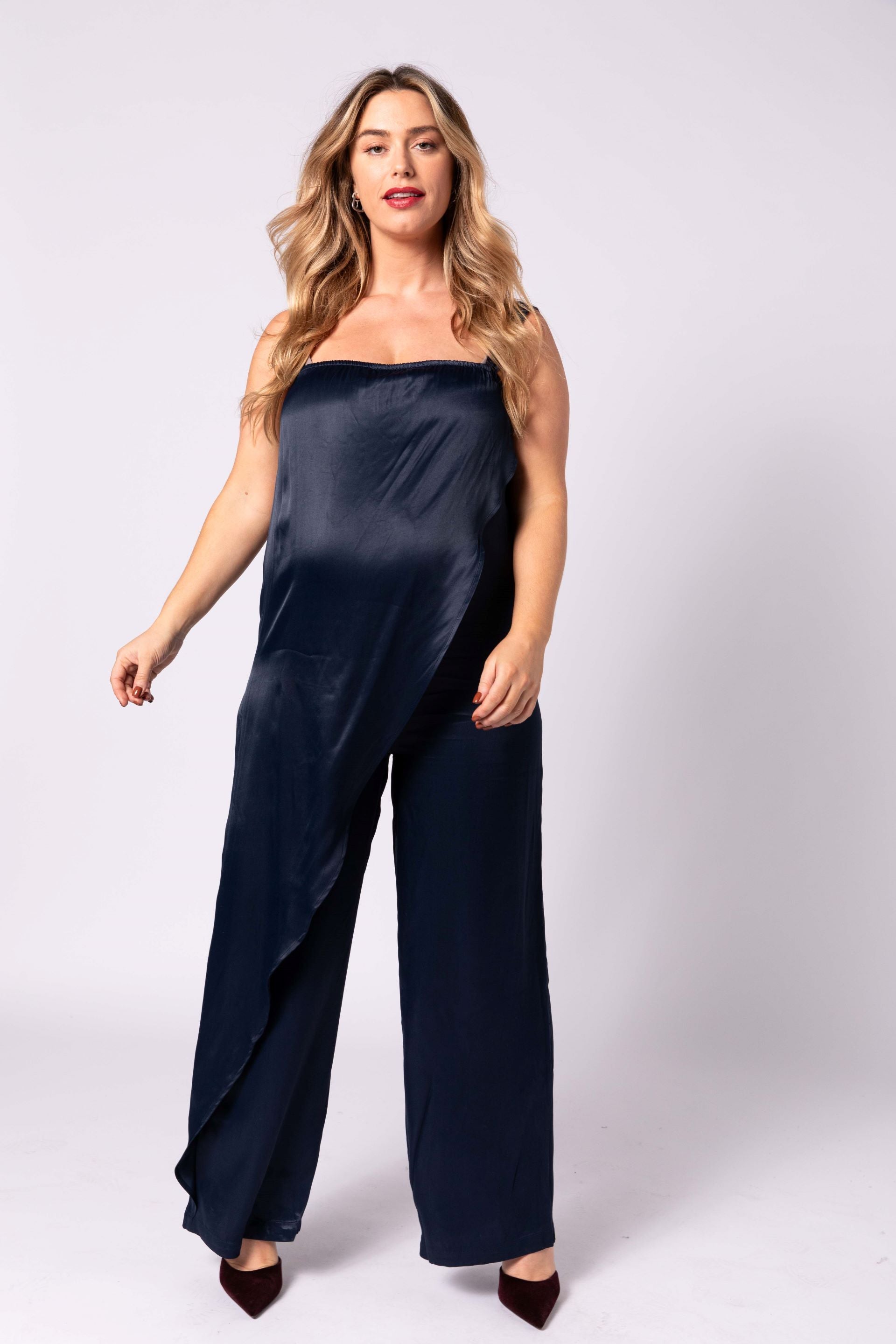 Alice exclusive saten hamile tulum lacivert önden görünüm