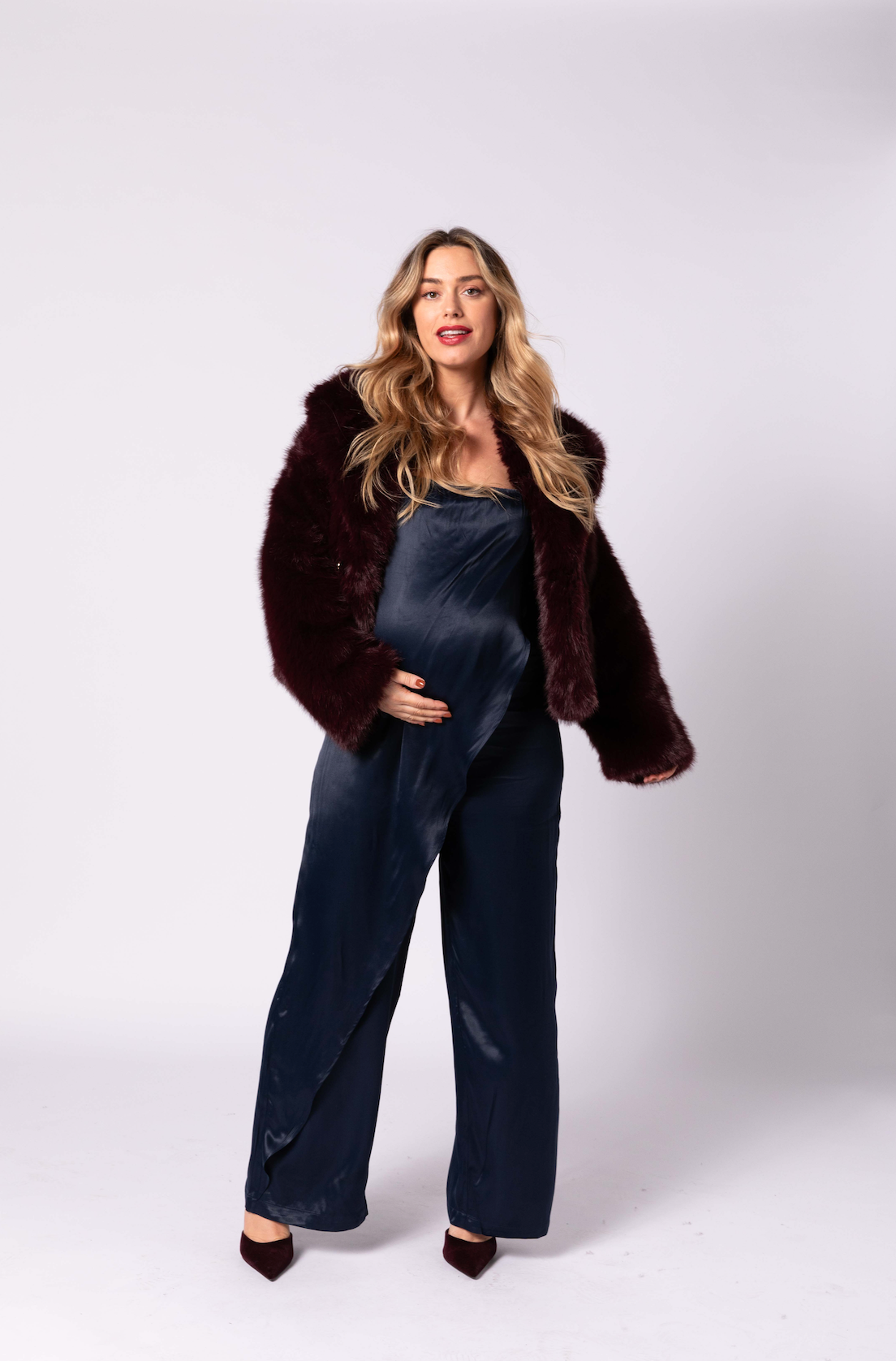 Alice exclusive saten hamile tulum lacivert önden görünüm