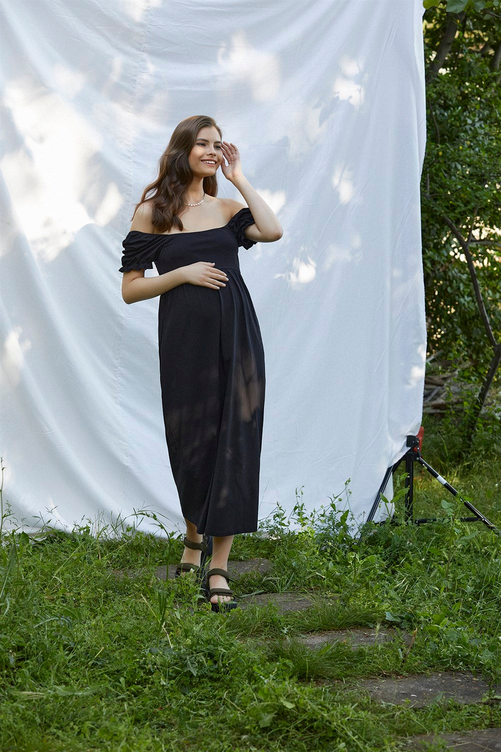 Asya balon kollu hamile elbise siyah önden görünüm