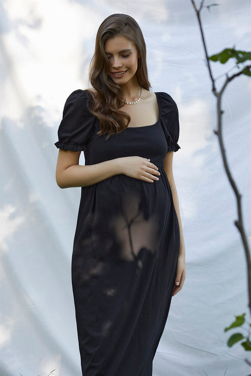 Asya balon kollu hamile elbise siyah önden görünüm