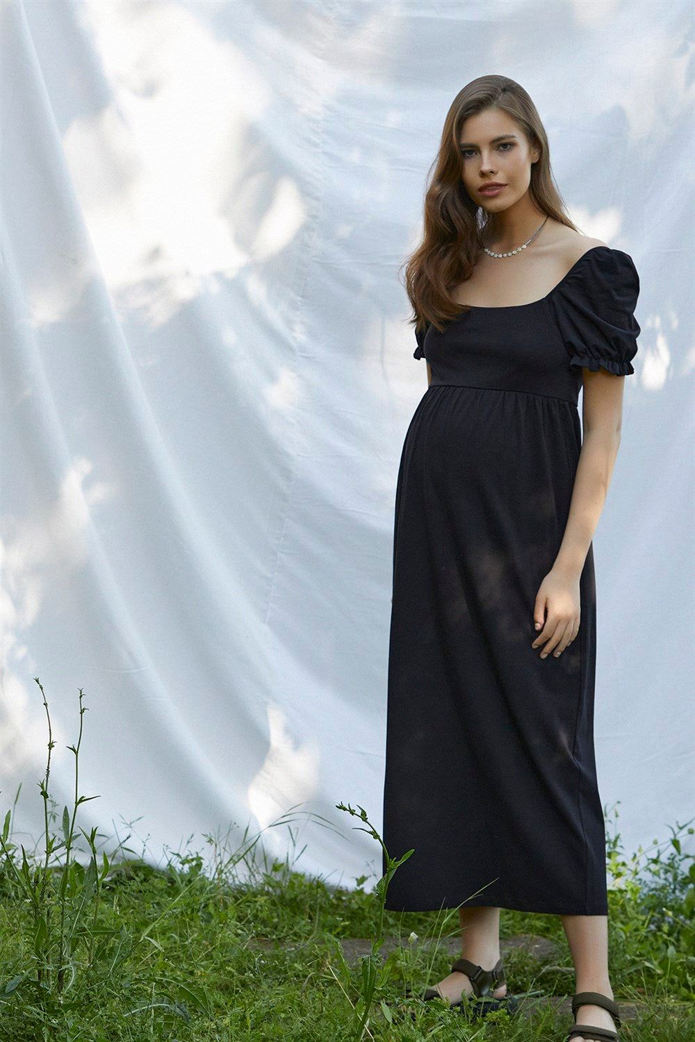 Asya balon kollu hamile elbise siyah önden görünüm