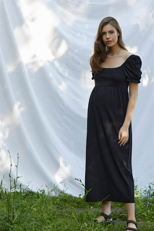 Asya balon kollu hamile elbise siyah önden görünüm