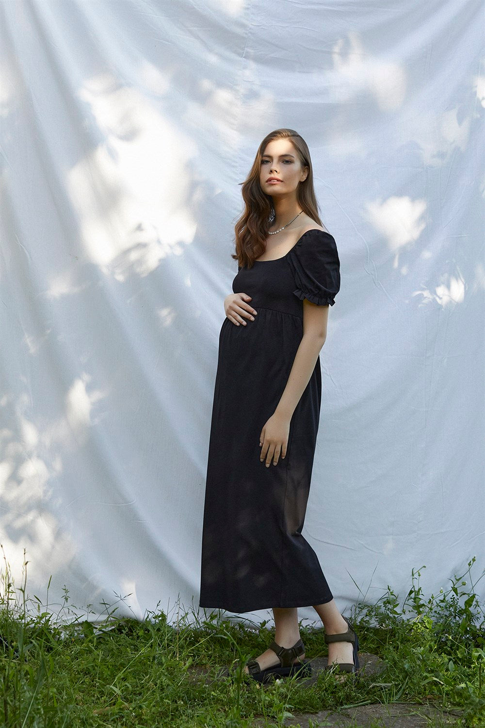 Asya balon kollu hamile elbise siyah ön yandan görünüm