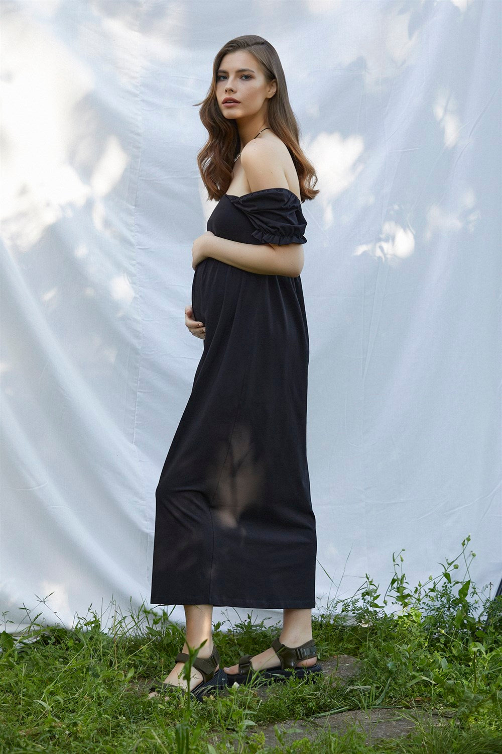 Asya balon kollu hamile elbise siyah yandan görünüm