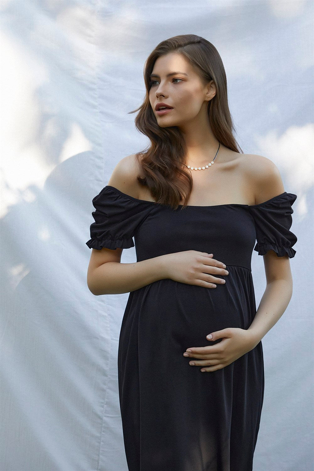 Asya balon kollu hamile elbise siyah önden yakın detay