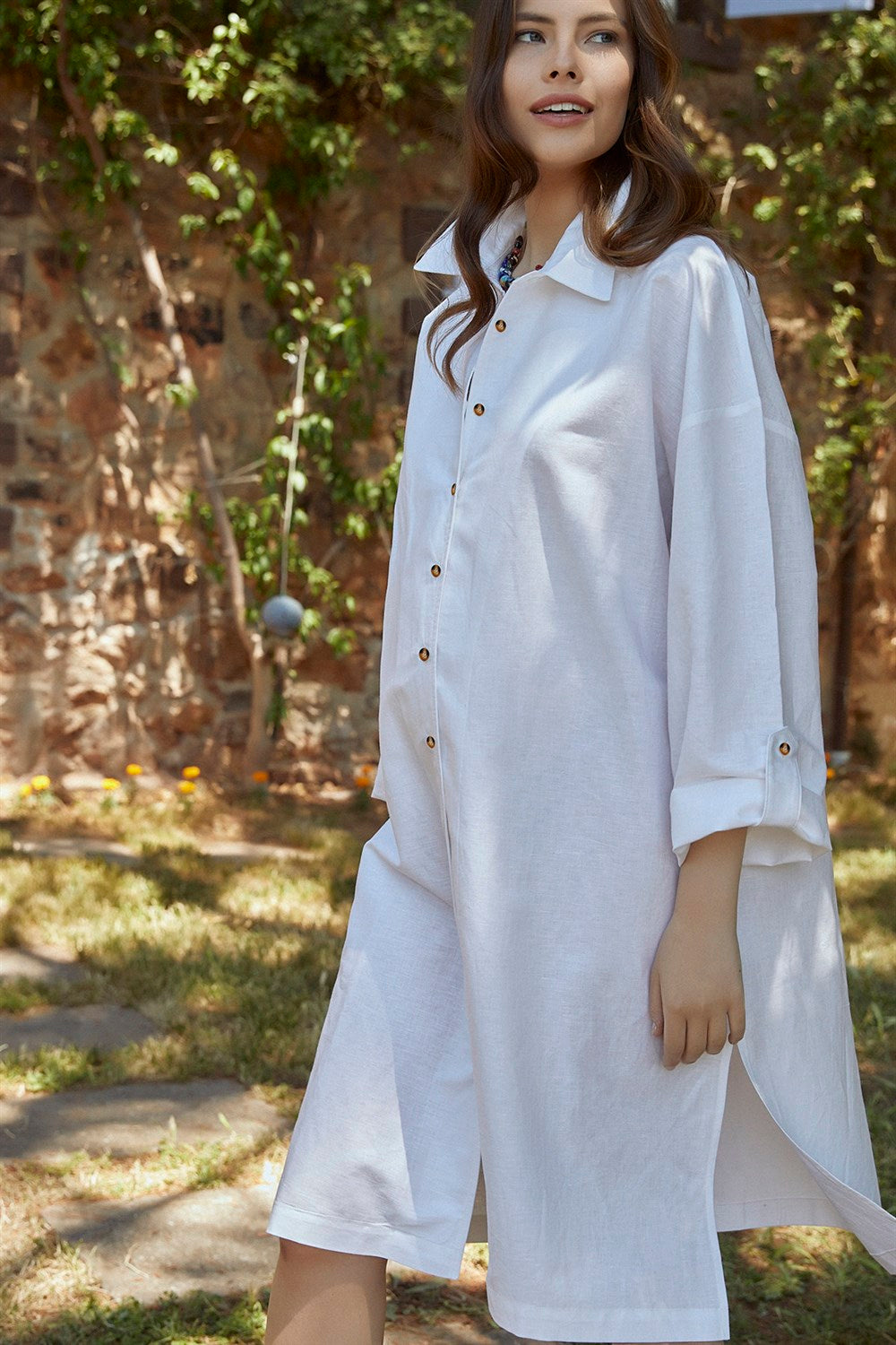 Dora Keten Gömlek Hamile Elbise beyaz yandan görünüm