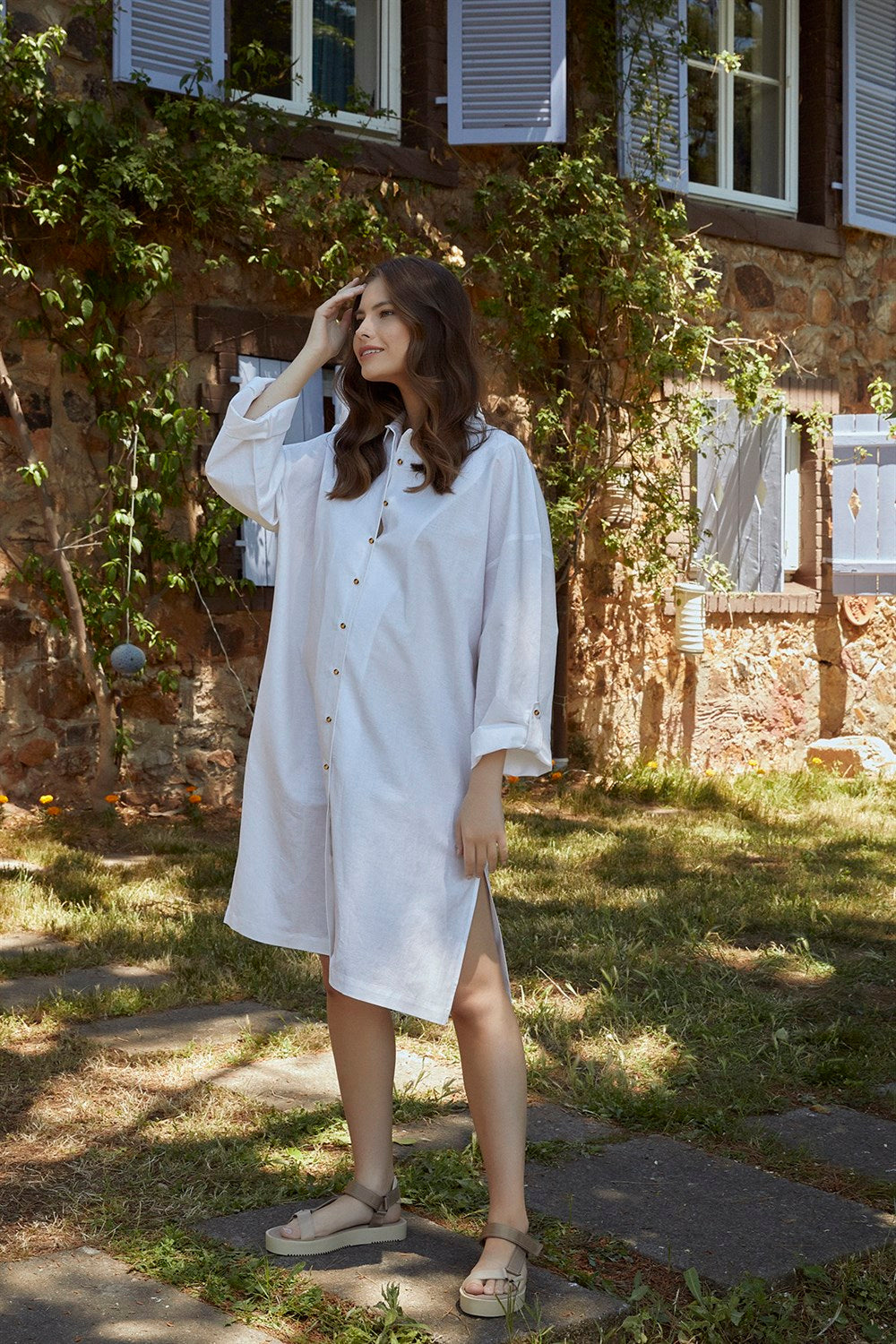 Dora Keten Gömlek Hamile Elbise beyaz önden görünüm